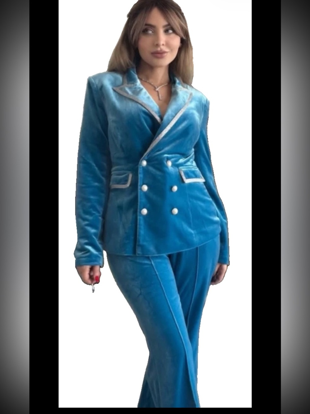 Blue Velvet Pant SUIT JACKET blazer Outfit women S, Silver Trim,  Statement SET